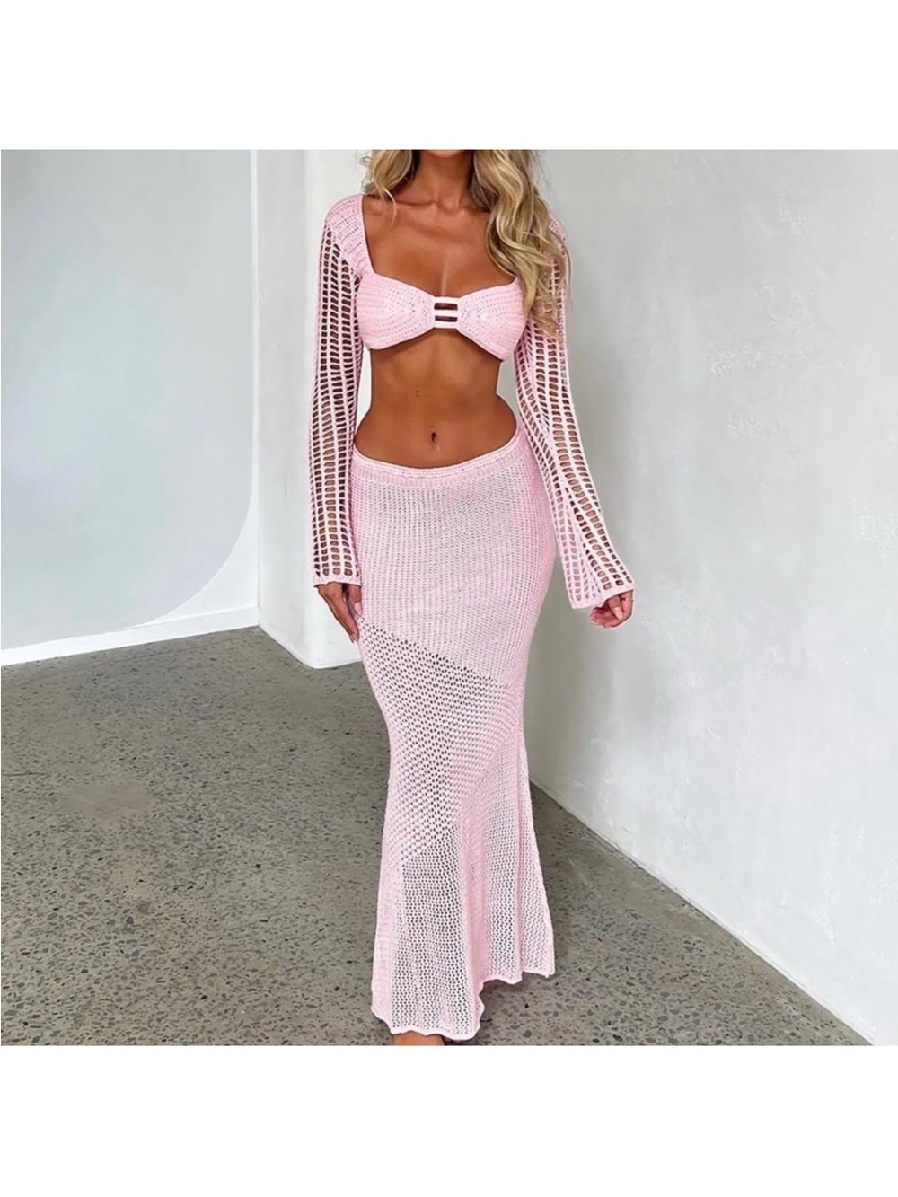 TIGER MIST Pink Crochet Two-Piece Set - Crop Top & Maxi Skirt